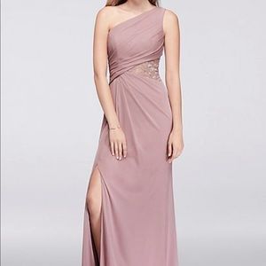 Metallic One-Shoulder Dress with Side Lace Inset